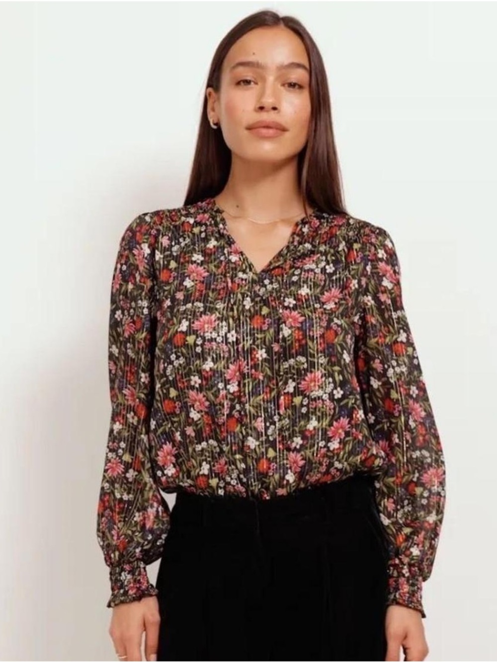 Old Navy Black Floral Smocked Peasant Top